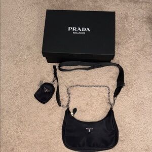 Prada Black Nylon Shoulder Bag with Silver Chain